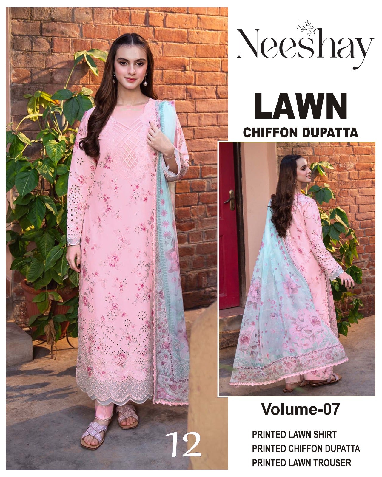 Neeshy Printed Lawn 3PC With Chiffon Dupatta