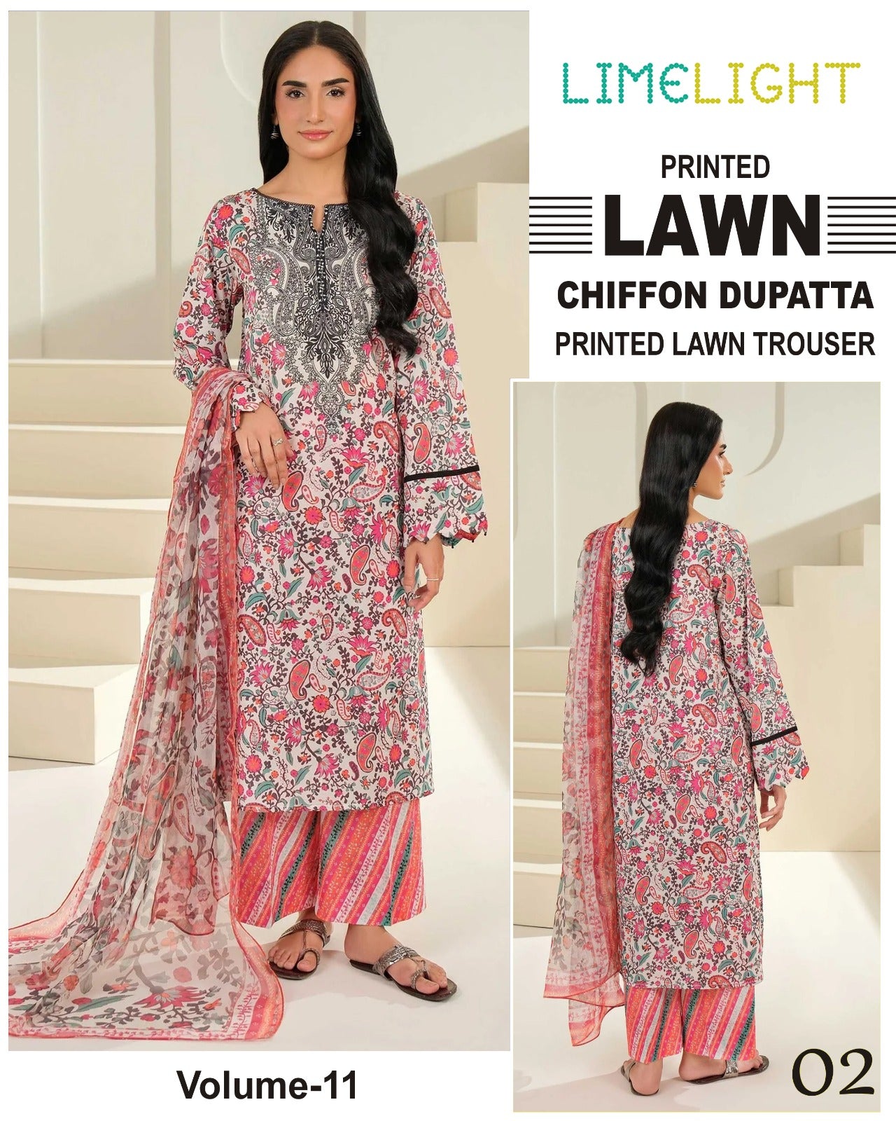 Limelight Printed Lawn 3PC With Chiffon Dupatta