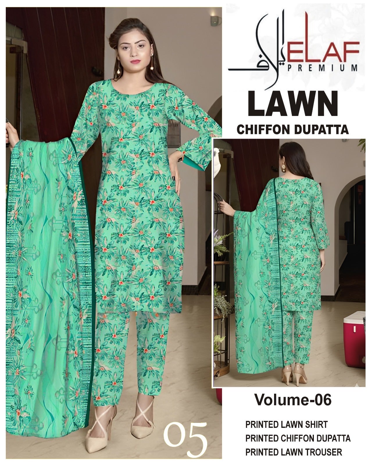 Elaf Lawn 3pc Suit with chiffon Dupatta