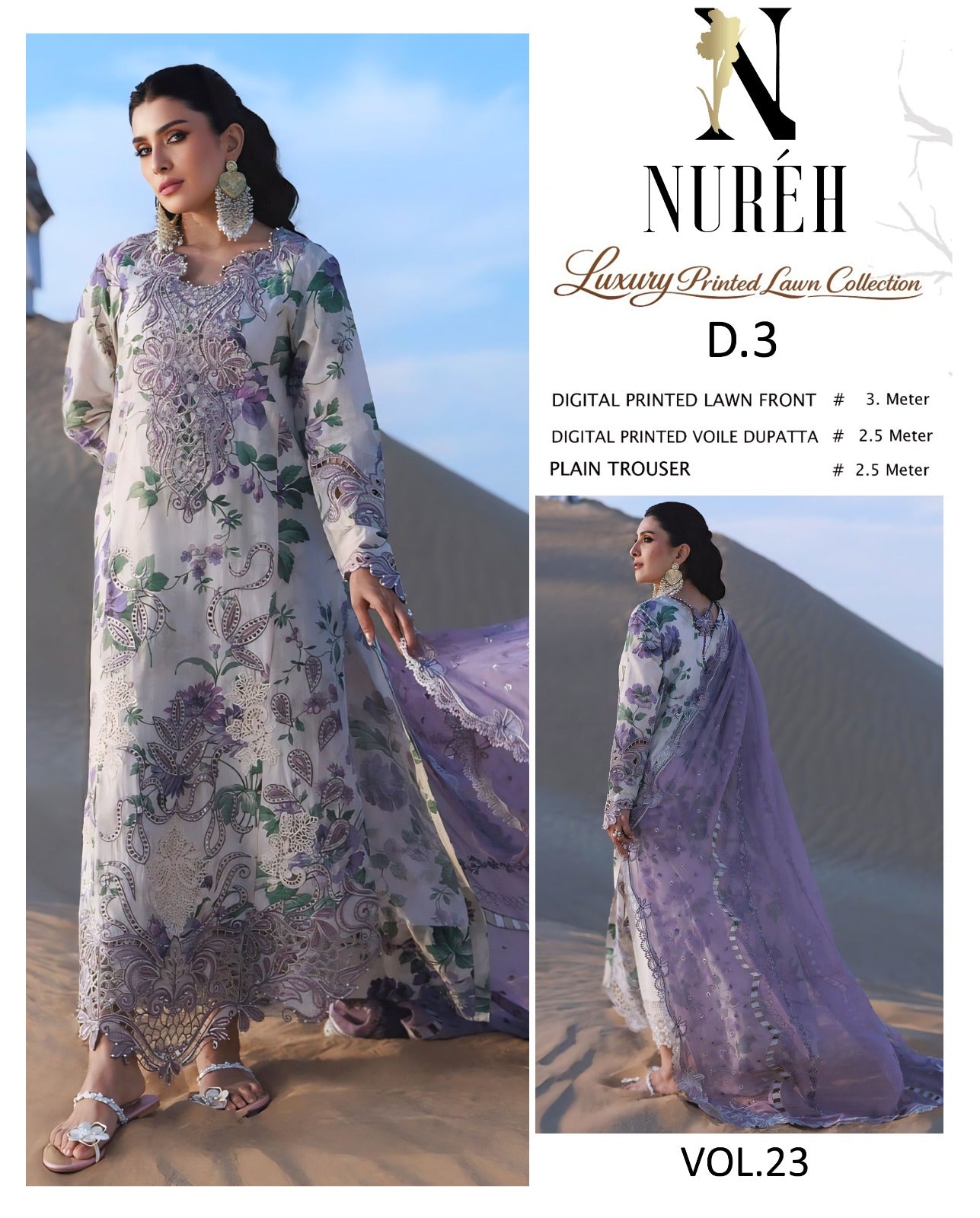Nureh Lawn 3 Piece With Lawn dupatta