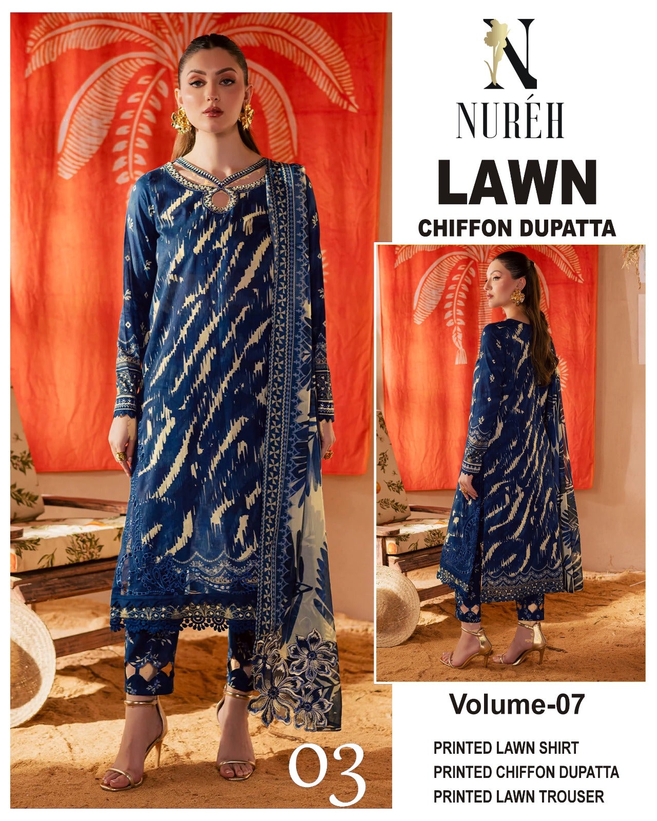 Nureh Printed Lawn 3PC With Chiffon Dupatta