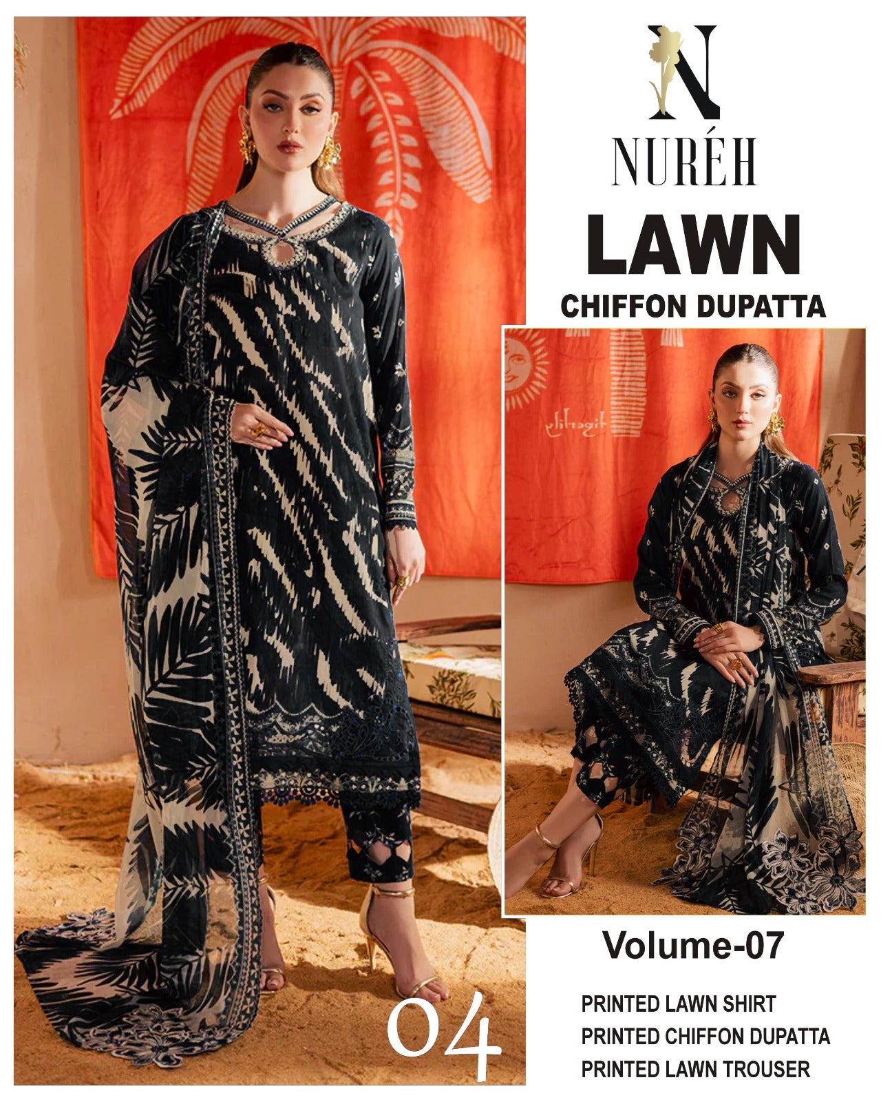 Nureh Printed Lawn 3PC With Chiffon Dupatta