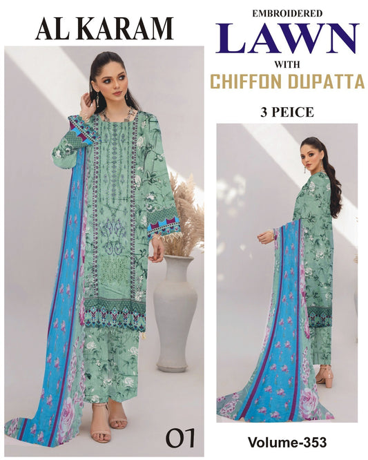 Summer Luxury Lawn – EMB Suit with Chiffon Dupatta