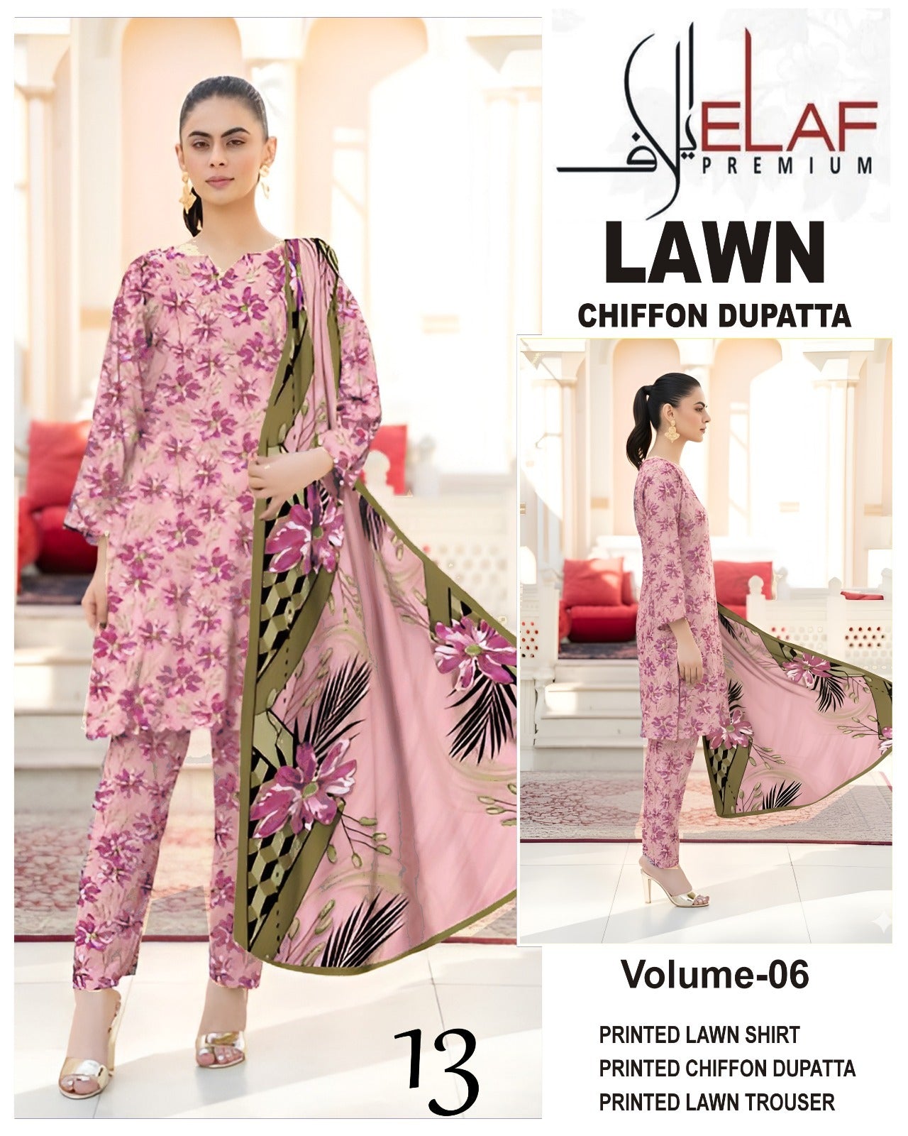 Elaf Lawn 3pc Suit with chiffon Dupatta