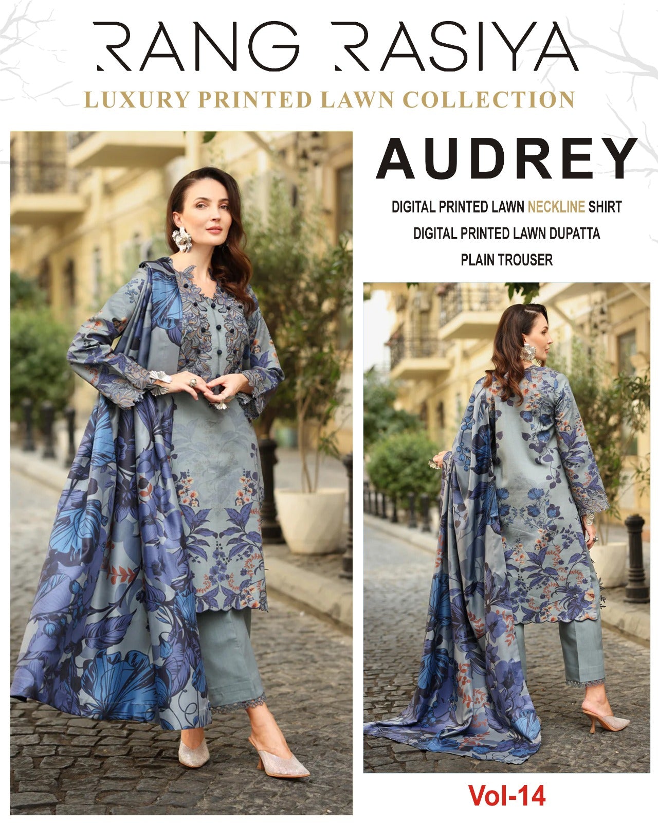 Audrey 3PC Printed Lawn With Lawn Dupatta