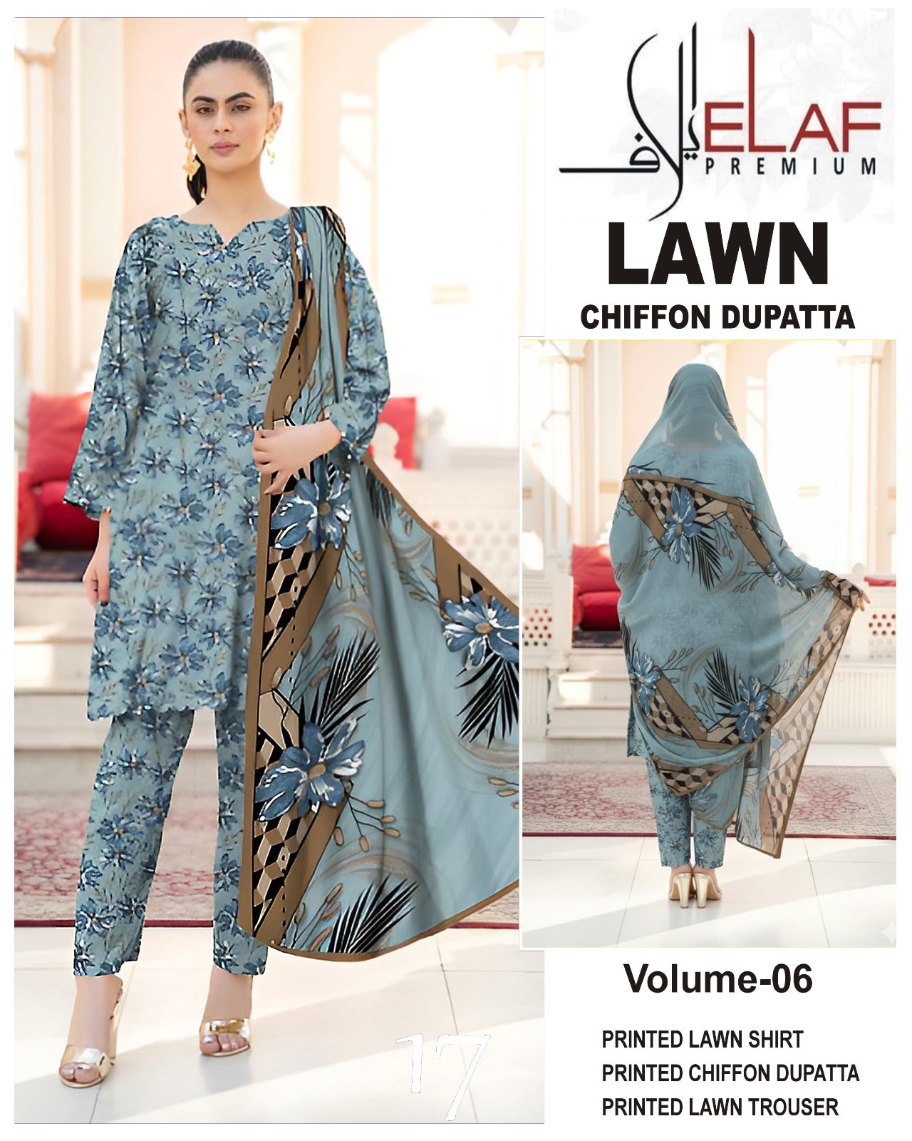Elaf Lawn 3pc Suit with chiffon Dupatta