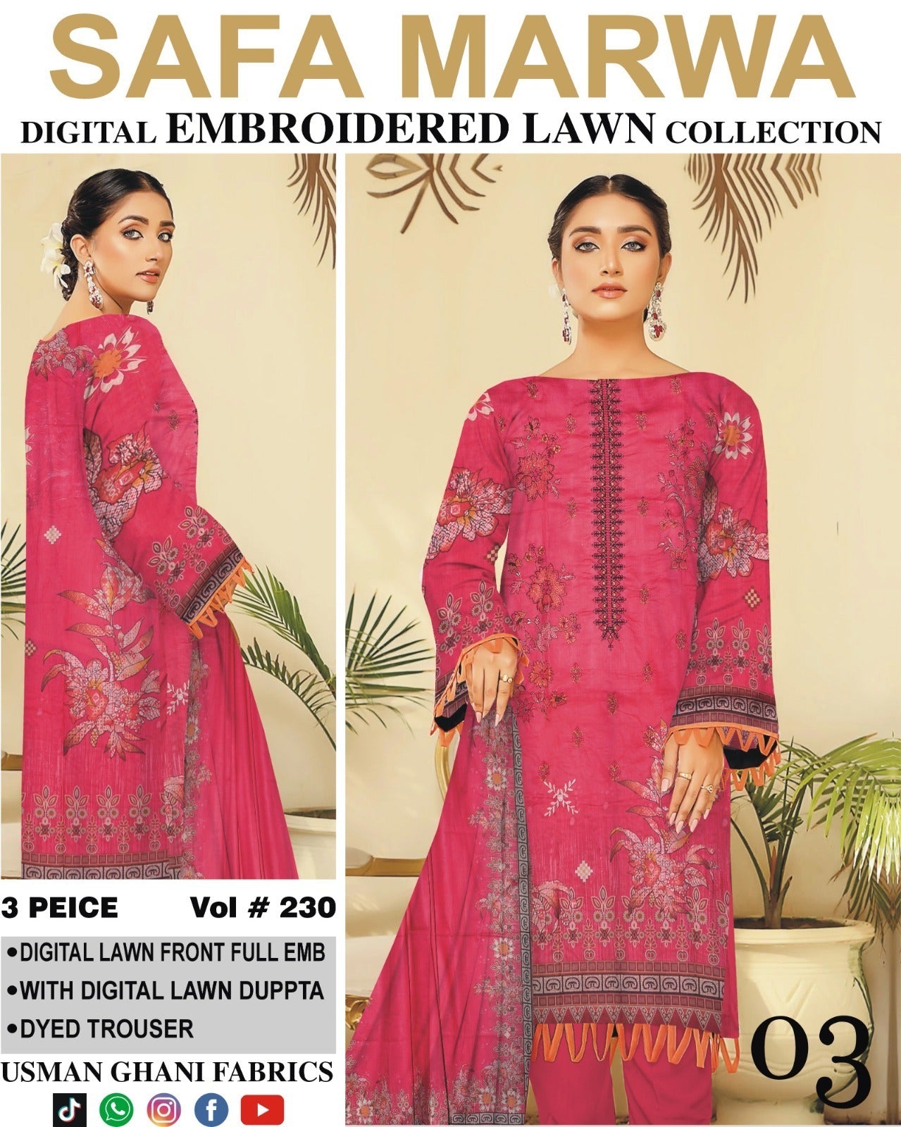 Vol 230 – Safa Marwa Digital Printed Lawn 3PC Suit