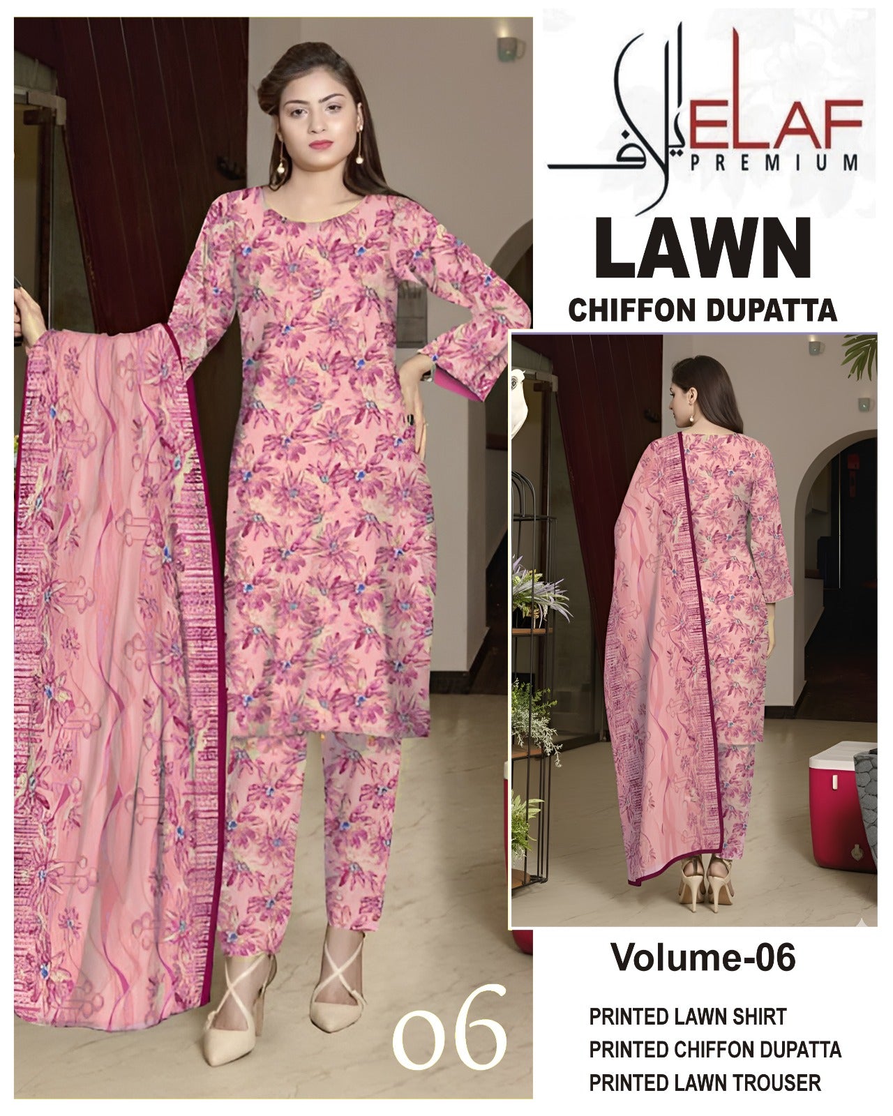 Elaf Lawn 3pc Suit with chiffon Dupatta