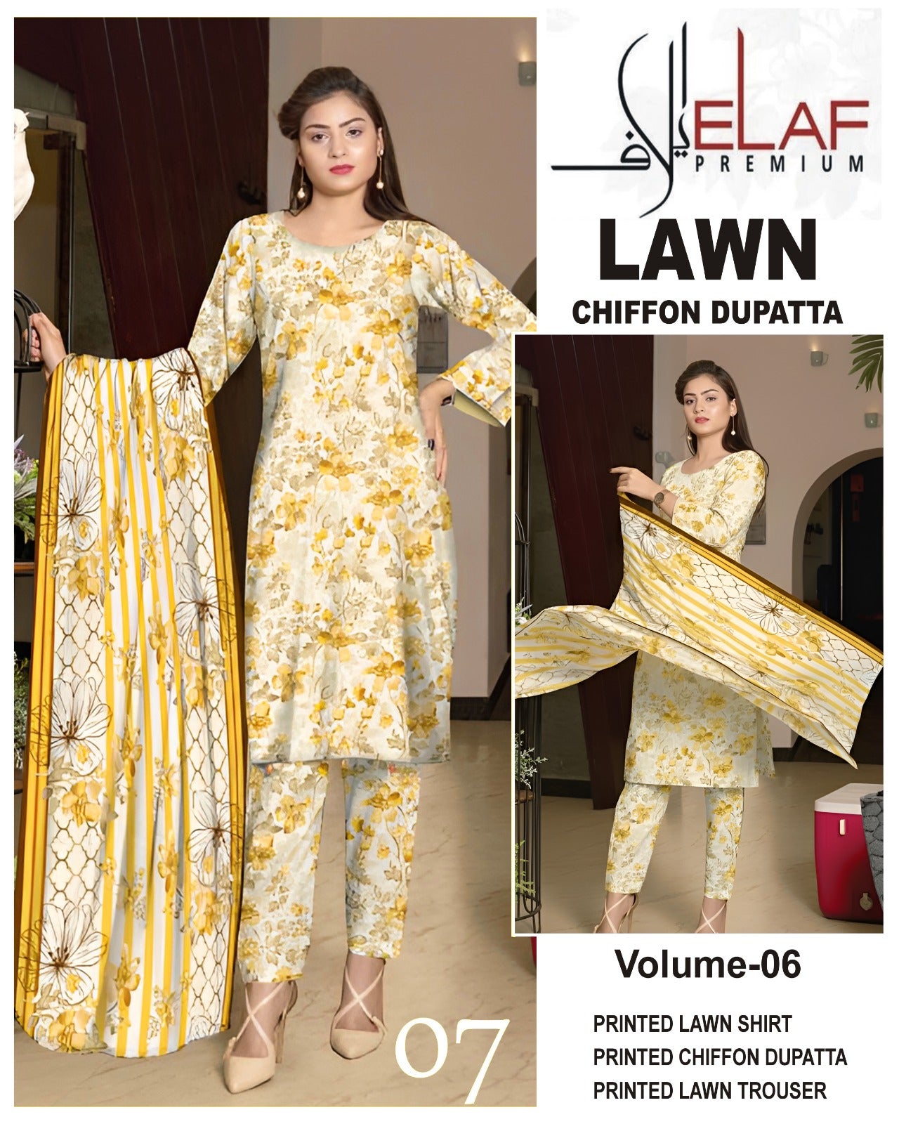 Elaf Lawn 3pc Suit with chiffon Dupatta