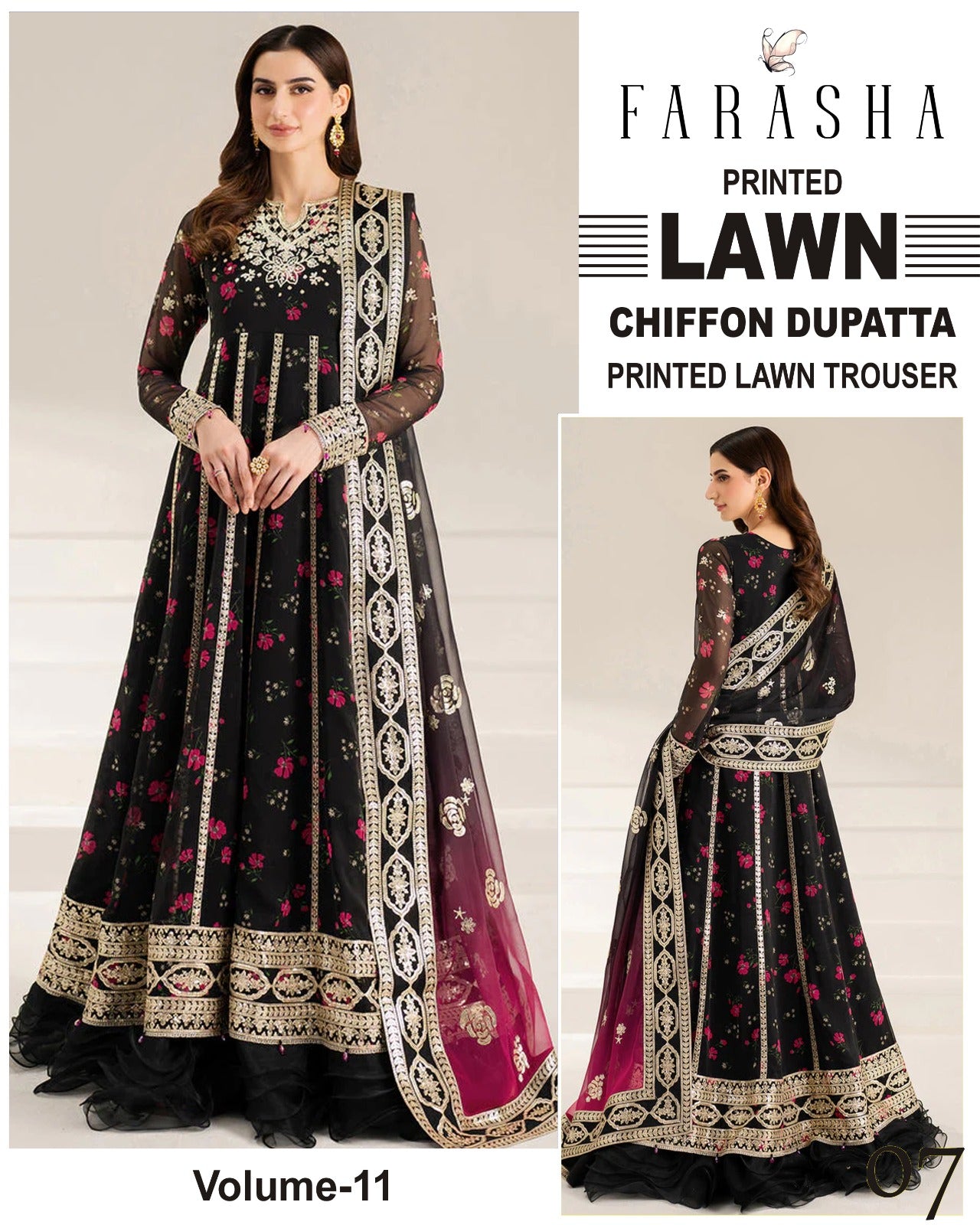 Farasha Lawn 3pc Suit with chiffon Dupatta