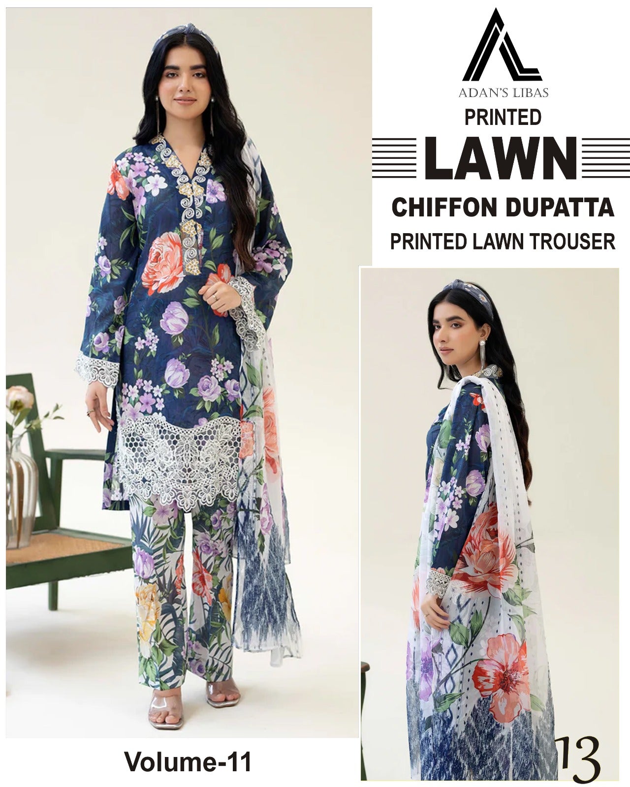 Adan Libas Lawn 3pc Suit with chiffon Dupatta