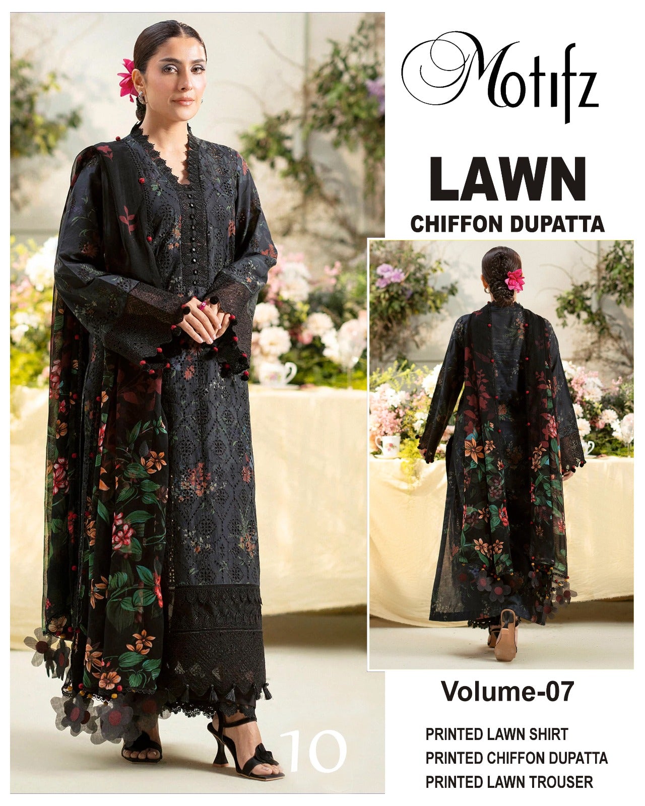 Motifz Printed Lawn 3PC With Chiffon Dupatta