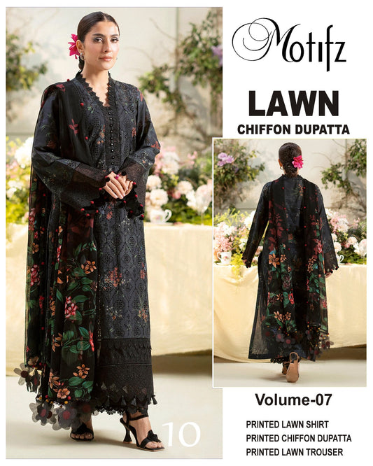 Motifz Printed Lawn 3PC With Chiffon Dupatta