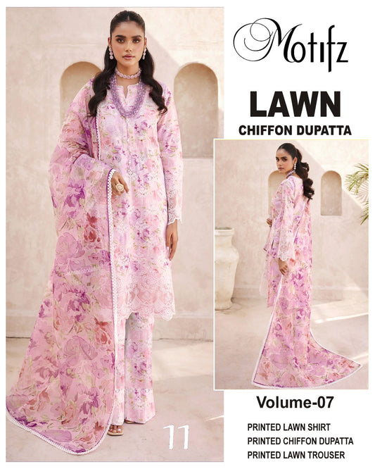 Motifz Printed Lawn 3PC With Chiffon Dupatta