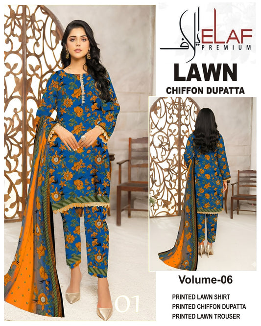 Elaf Lawn 3pc Suit with chiffon Dupatta