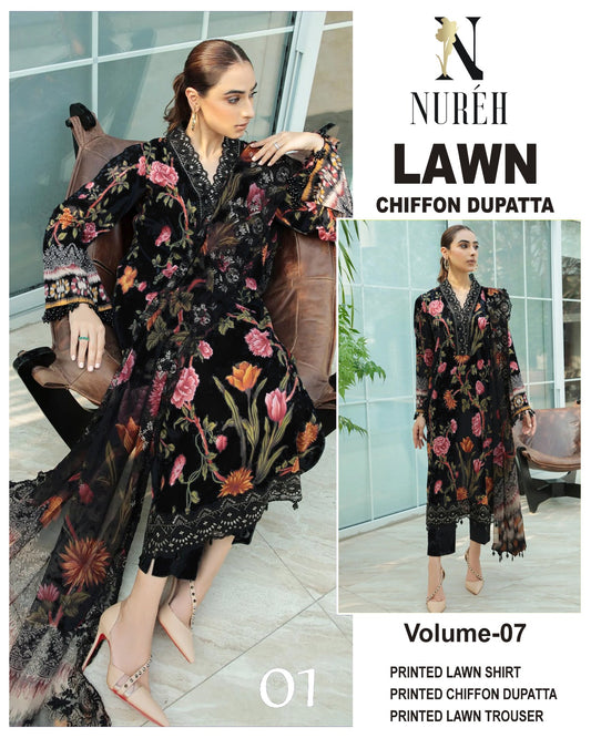 Nureh Printed Lawn 3PC With Chiffon Dupatta