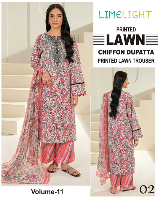 Limelight Printed Lawn 3PC With Chiffon Dupatta