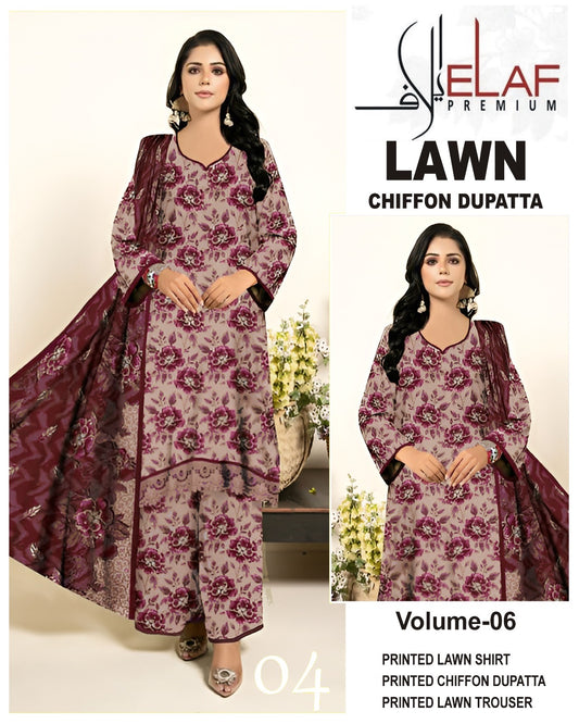 Elaf Lawn 3pc Suit with chiffon Dupatta