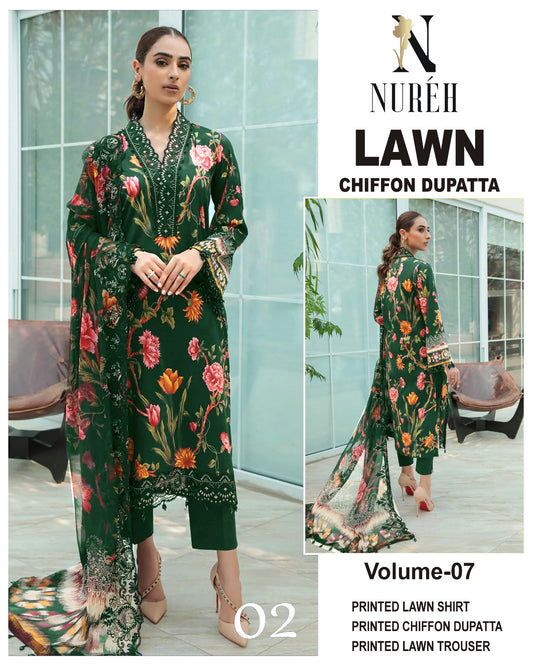 Nureh Printed Lawn 3PC With Chiffon Dupatta