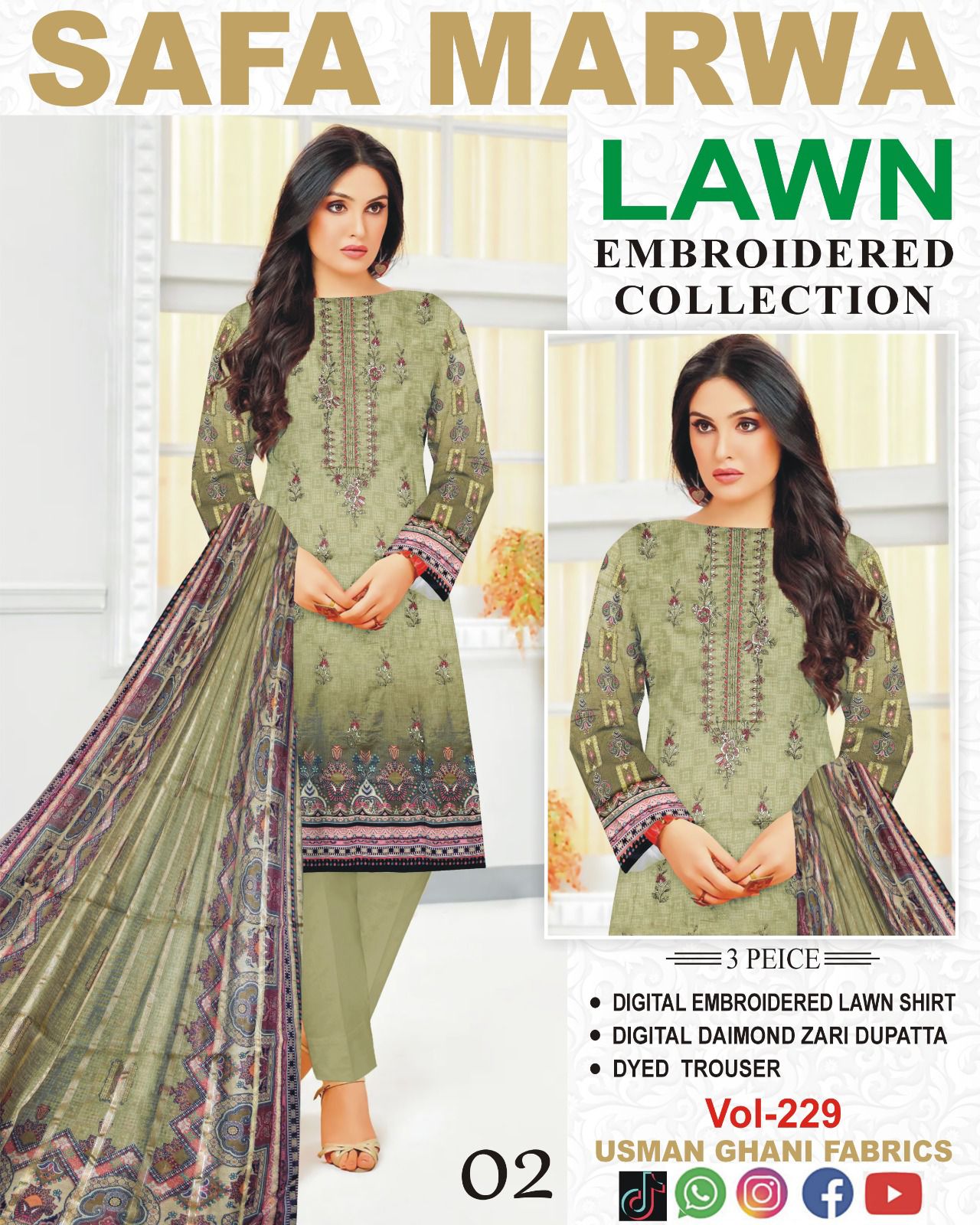 Safa Marwa Original Lawn 3-PC Embroidered Collection