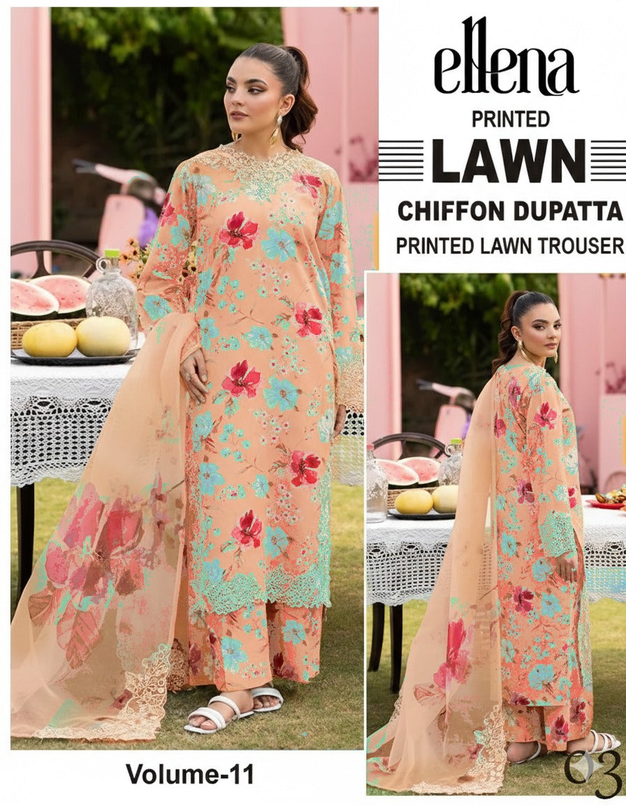 ellena Printed Lawn 3PC With Chiffon Dupatta