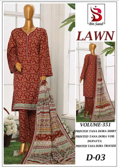 Bin Saeed Tana Dora Lawn 3Pc Suit