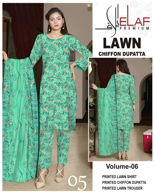 Elaf Lawn 3pc Suit with chiffon Dupatta