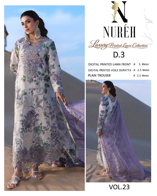Nureh Lawn 3 Piece With Lawn dupatta