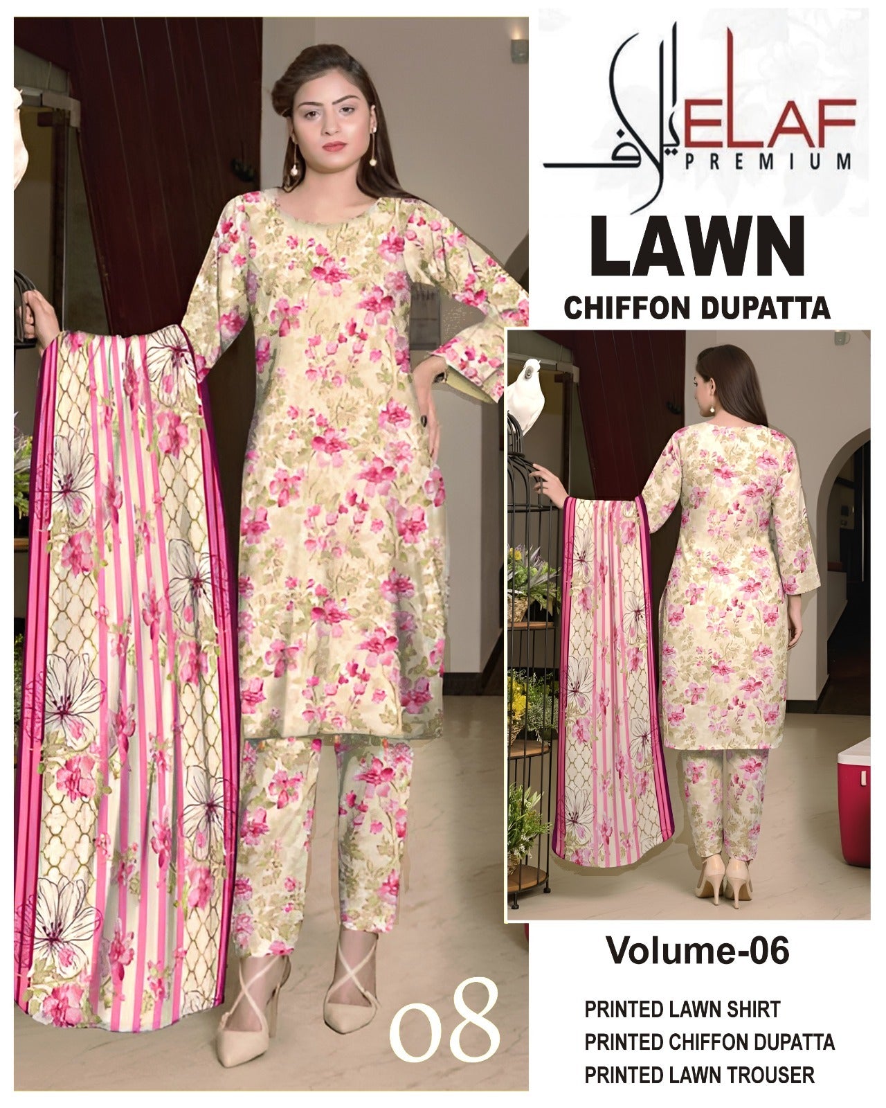 Elaf Lawn 3pc Suit with chiffon Dupatta