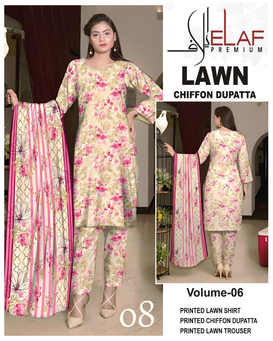 Elaf Lawn 3pc Suit with chiffon Dupatta