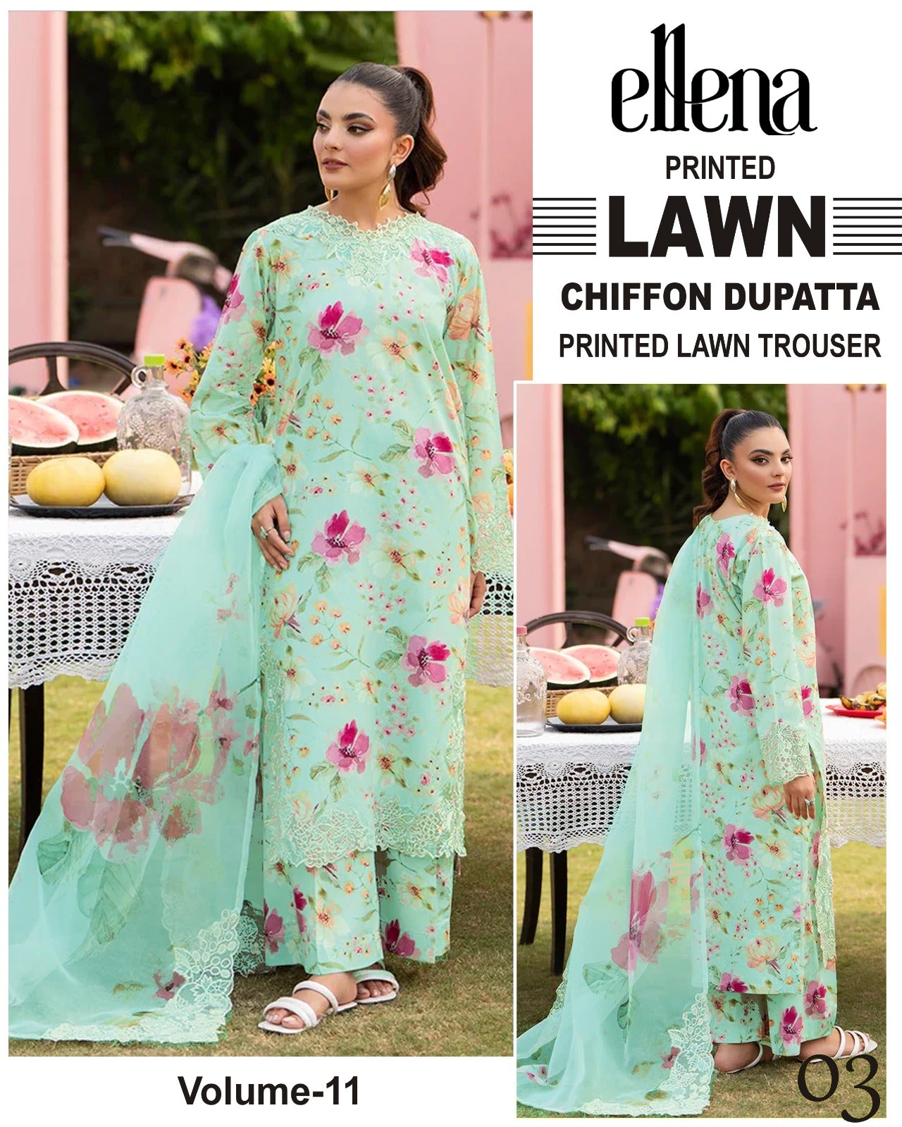 ellena Printed Lawn 3PC With Chiffon Dupatta
