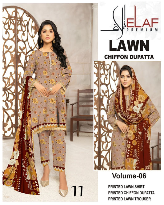 Elaf Lawn 3pc Suit with chiffon Dupatta