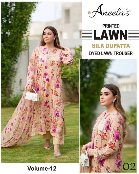 Aneelas Printed Lawn 3PC With Silk Dupatta