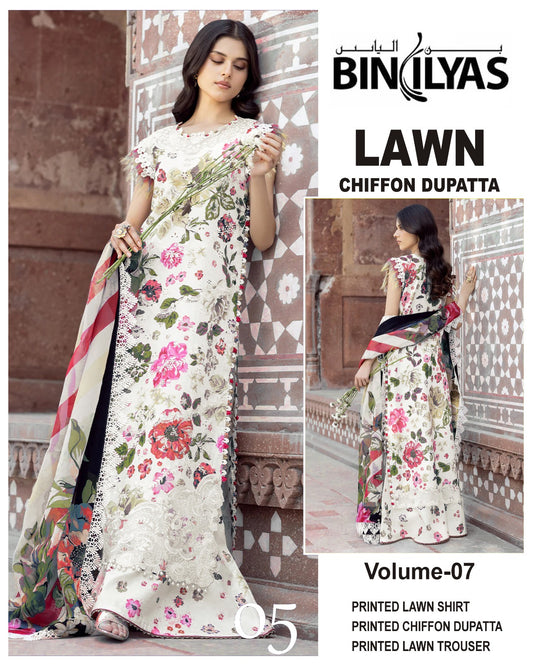 Bin Ilyas Printed Lawn 3PC With Chiffon Dupatta