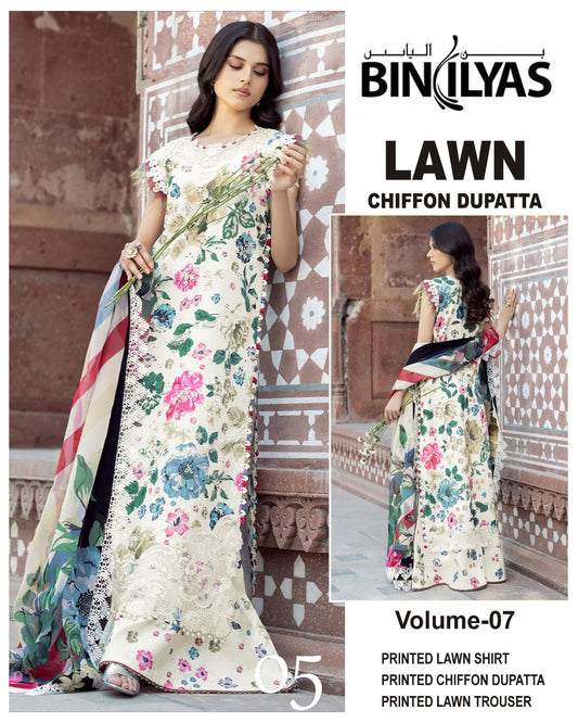 Bin Ilyas Printed Lawn 3PC With Chiffon Dupatta