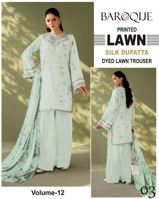 Baroque Printed Lawn 3PC With Silk Dupatta