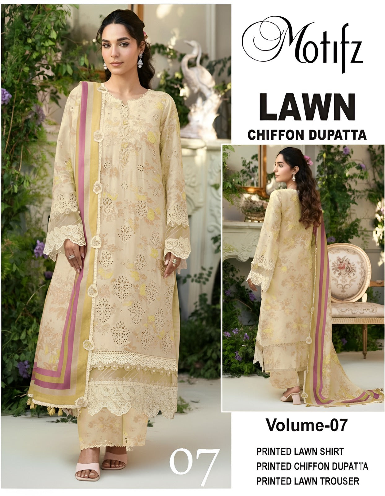Motifz Printed Lawn 3PC With Chiffon Dupatta