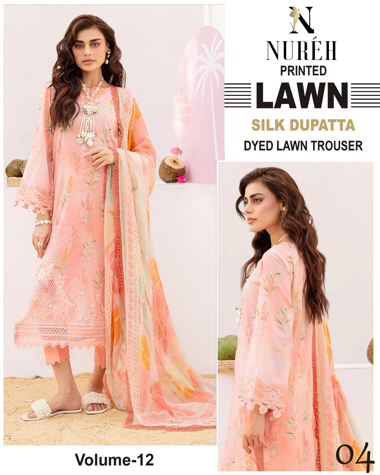 Nureh Printed Lawn 3PC With Silk Dupatta
