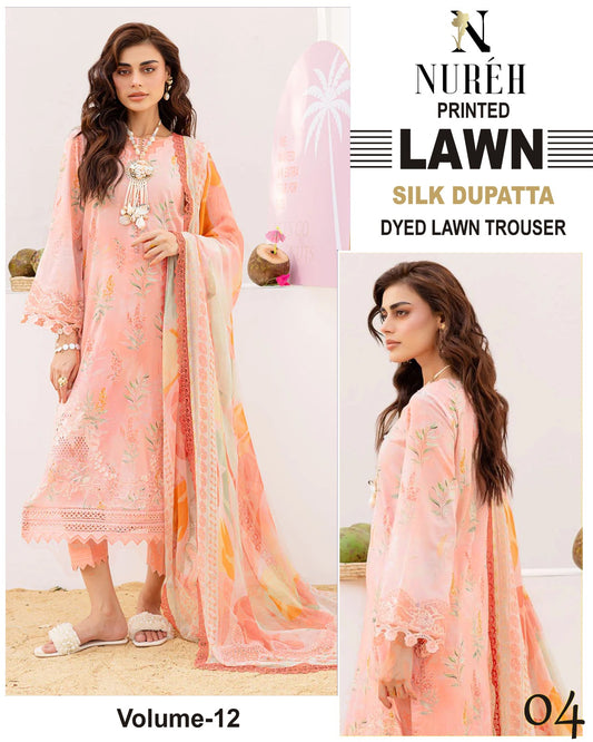 Nureh Printed Lawn 3PC With Silk Dupatta