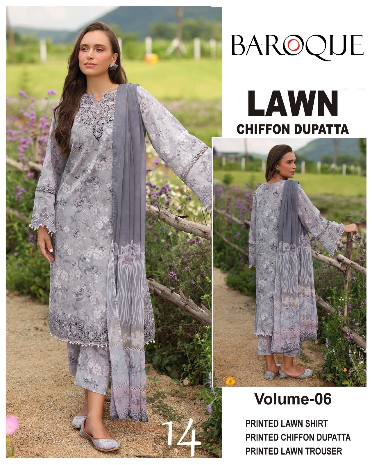 Baroque Lawn 3pc Suit with chiffon Dupatta