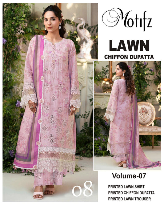 Motifz Printed Lawn 3PC With Chiffon Dupatta