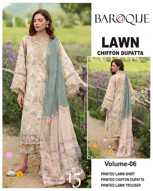 Baroque Lawn 3pc Suit with chiffon Dupatta
