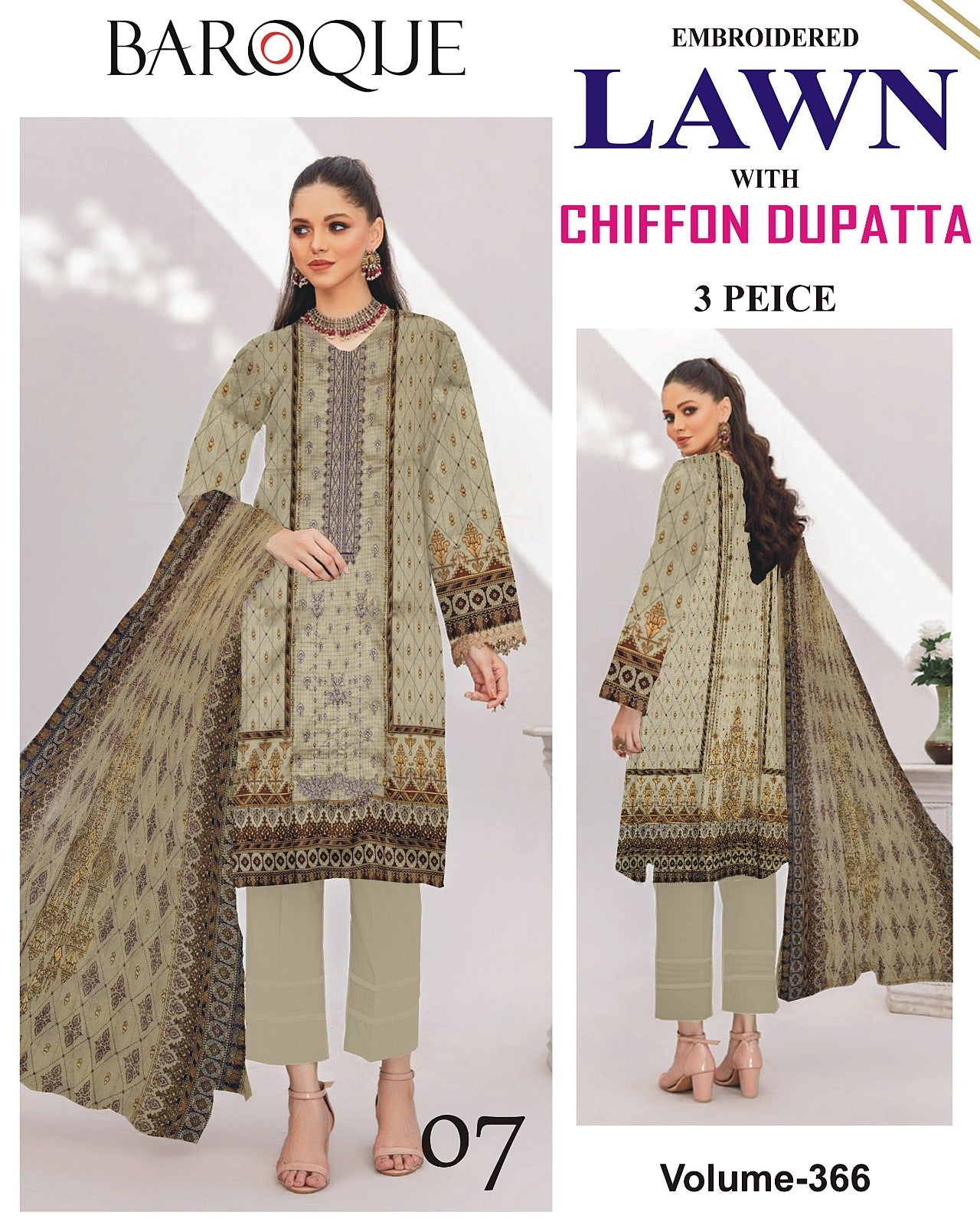 Luxury EMB Lawn 3PC with Chiffon Dupatta – Summer Edition