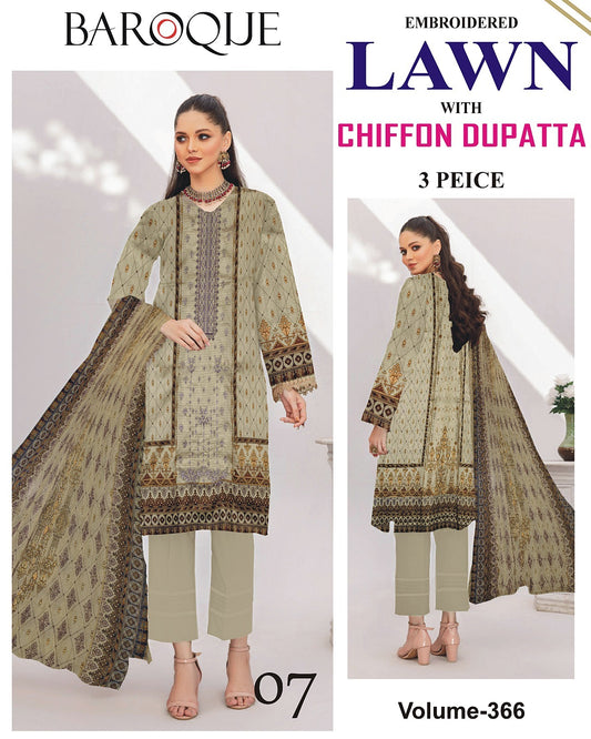 Luxury EMB Lawn 3PC with Chiffon Dupatta – Summer Edition
