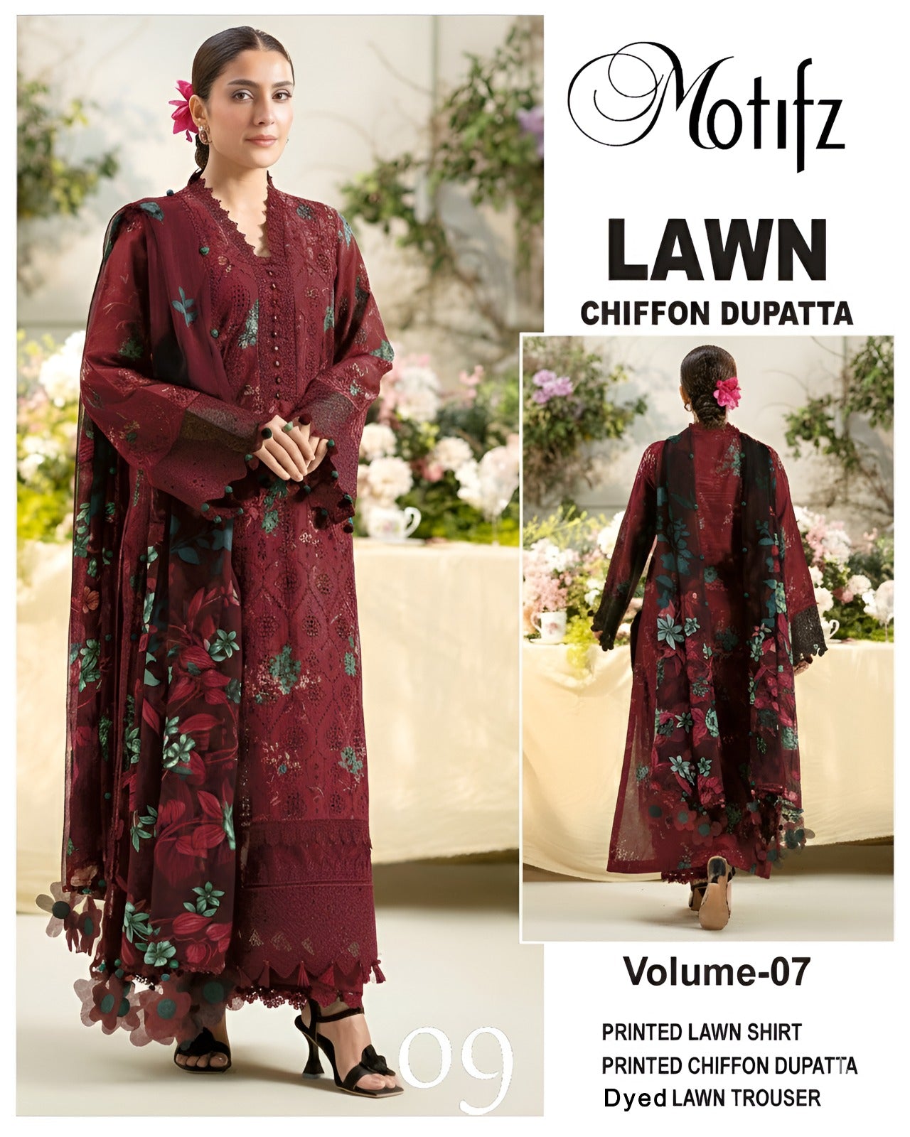 Motifz Printed Lawn 3PC With Chiffon Dupatta