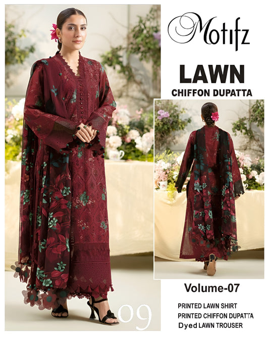 Motifz Printed Lawn 3PC With Chiffon Dupatta