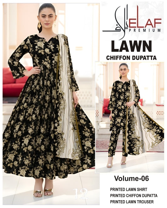 Elaf Lawn 3pc Suit with chiffon Dupatta