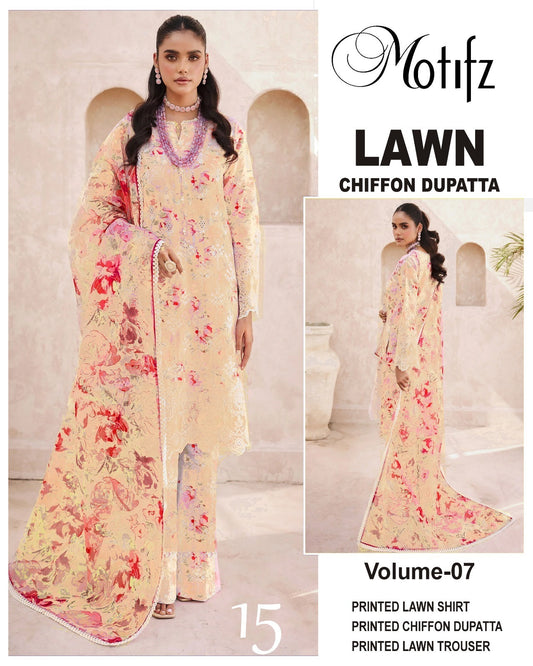 Motifz Printed Lawn 3PC With Chiffon Dupatta
