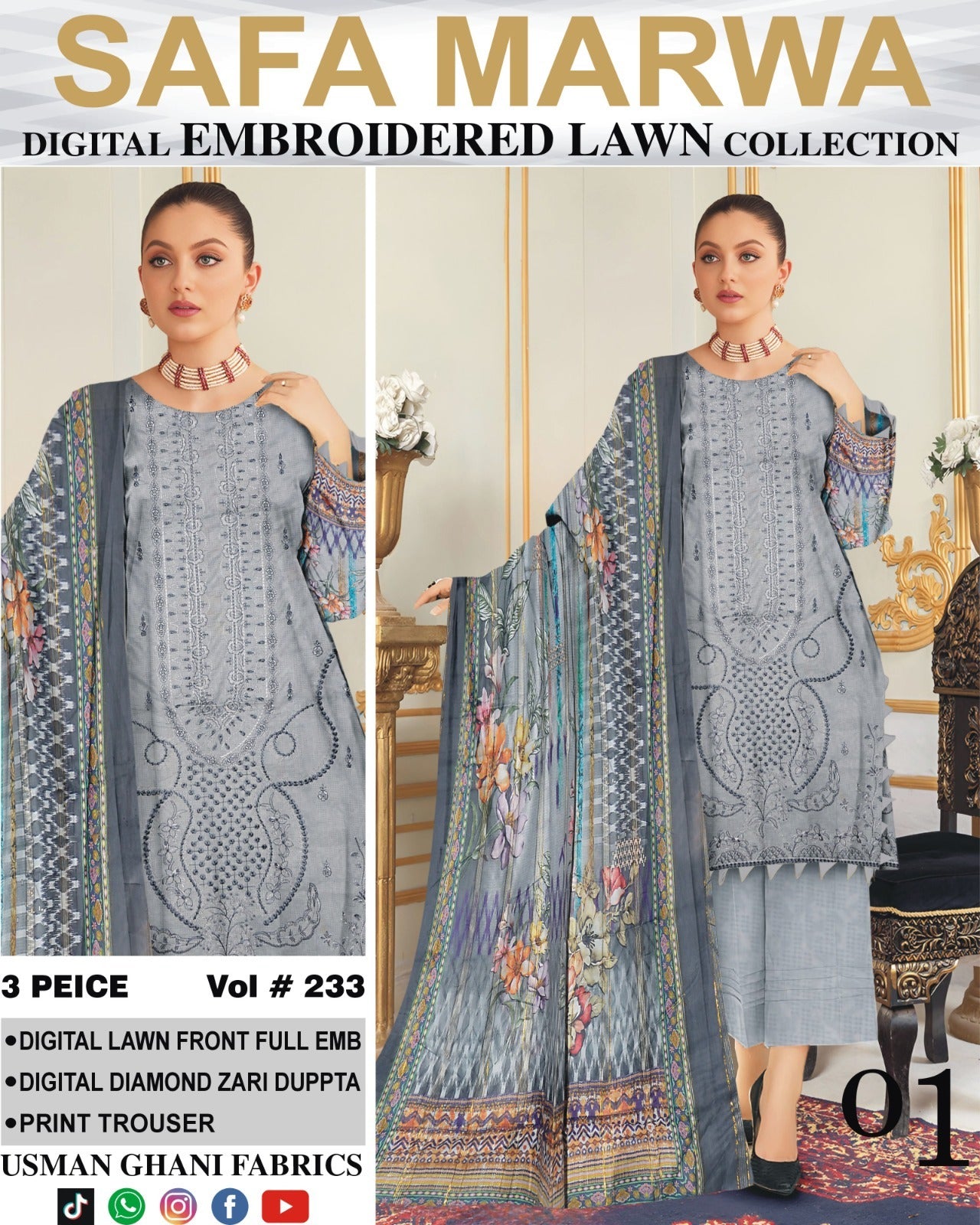 Safa Marwa Original Lawn 3-PC Embroidered Collection