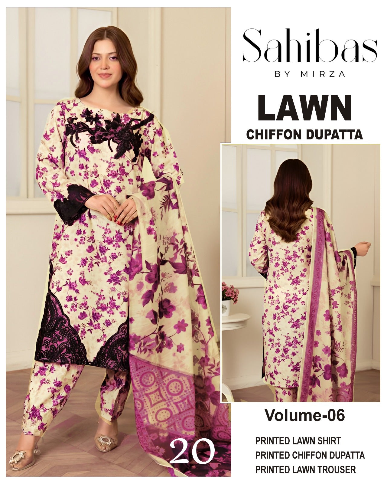 Sahibas by Mirza Lawn 3pc Suit with chiffon Dupatta
